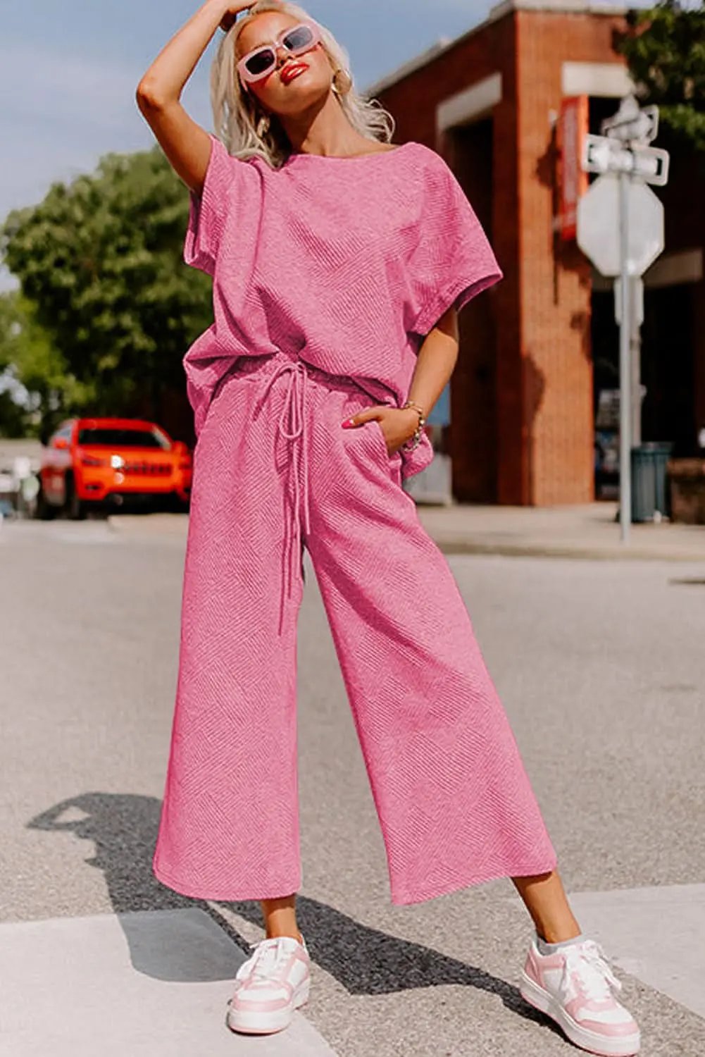 Pants Love Salve Strawberry Pink Textured Loose Fit T Shirt and Dra