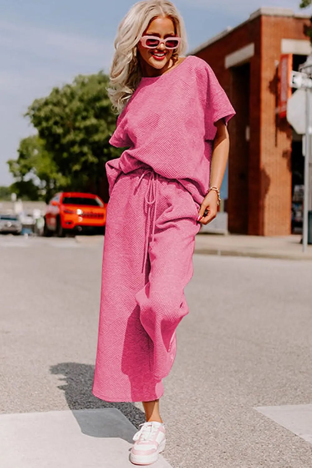 Pants Love Salve Strawberry Pink Textured Loose Fit T Shirt and Dra