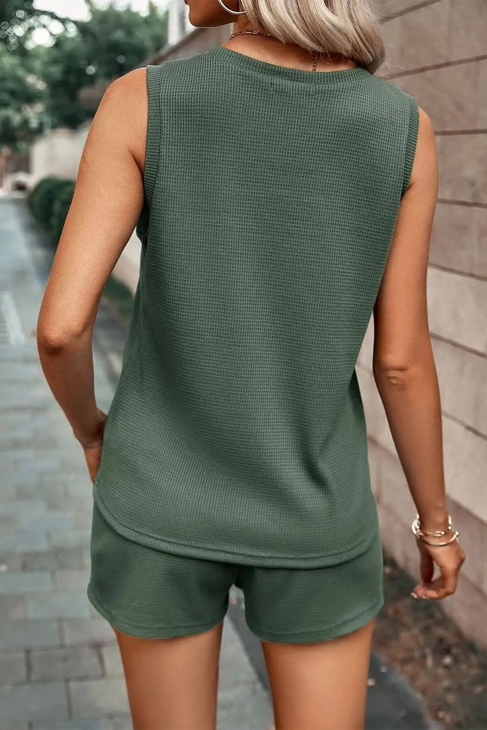 T-Shirts Love Salve Mist Green Waffle Knit Women's Loungewear Set + Daily Casual + Shorts Set + Soft & Comfy