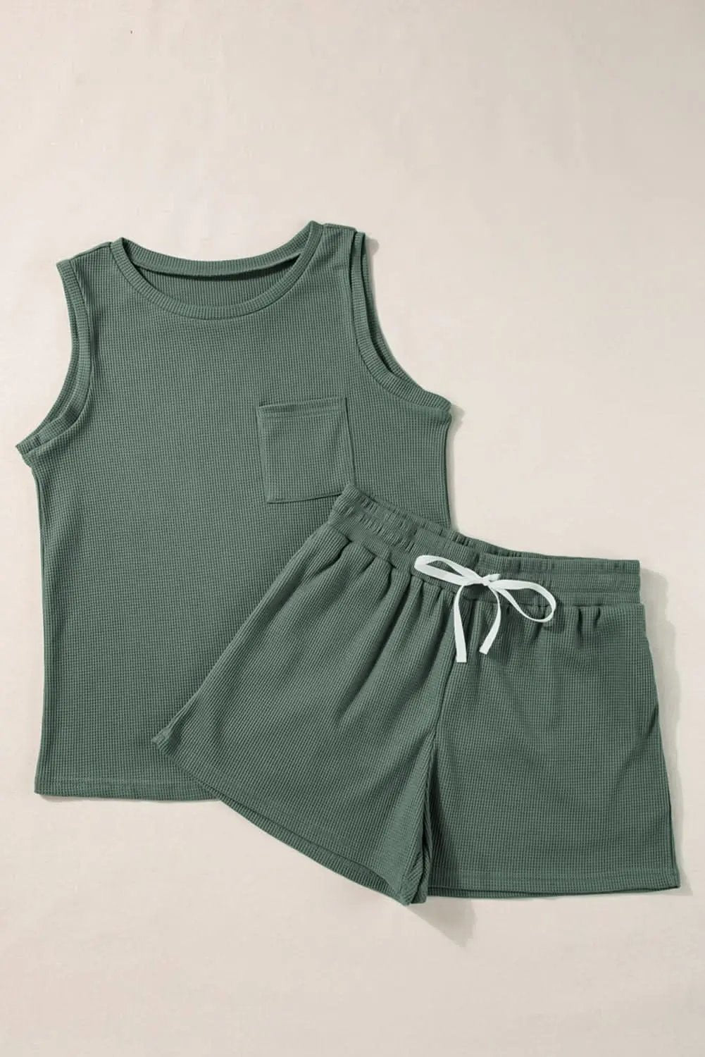 T-Shirts Love Salve Mist Green Waffle Knit Women's Loungewear Set + Daily Casual + Shorts Set + Soft & Comfy