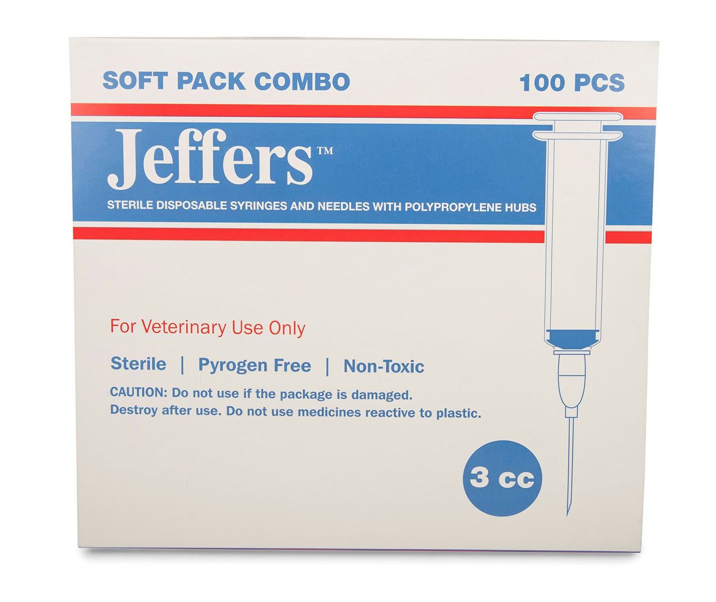 Jeringa/aguja Luer Lock de Jeffers, caja de 100