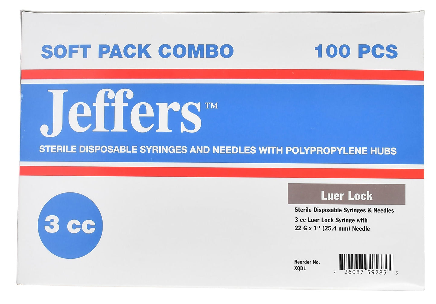 Jeringa/aguja Luer Lock de Jeffers, caja de 100