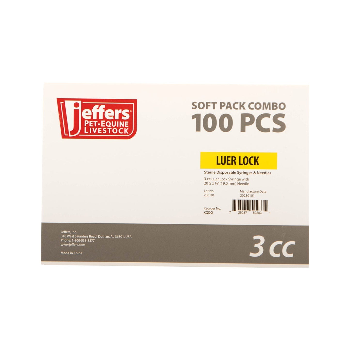 Jeringa/aguja Luer Lock de Jeffers, caja de 100