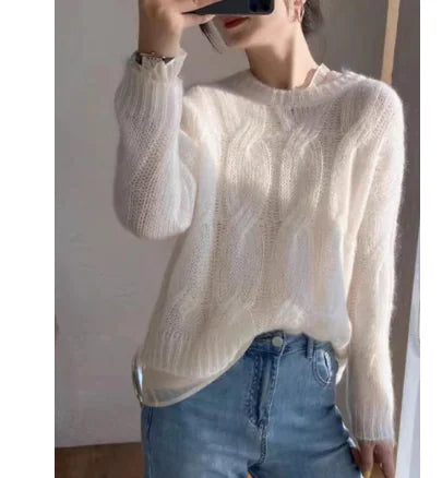 Suéter tipo jersey de punto calado de color liso para mujer