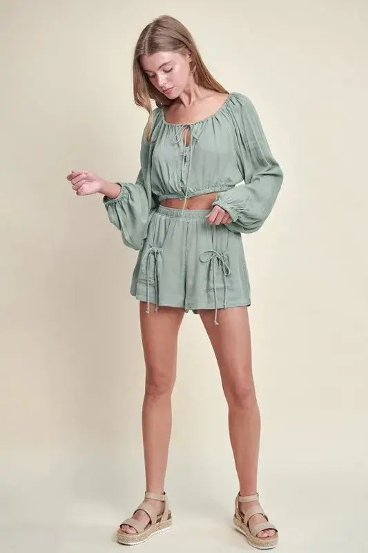 Conjunto de dos piezas para mujer, crop top - Tejido de gasa - Conjunto casual de dos piezas