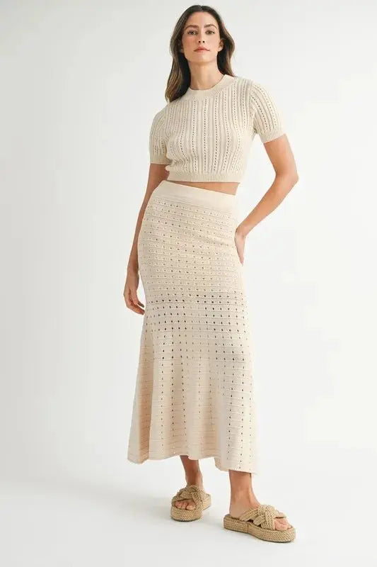 Women's Two-Piece Skirt Set Knit Set - Pointelle - Casual Crop Top Skirt