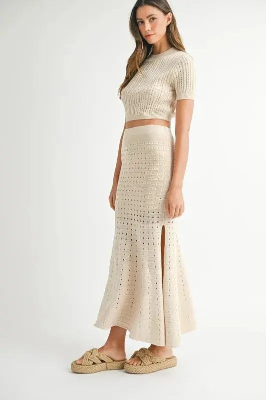 Women's Two-Piece Skirt Set Knit Set - Pointelle - Casual Crop Top Skirt