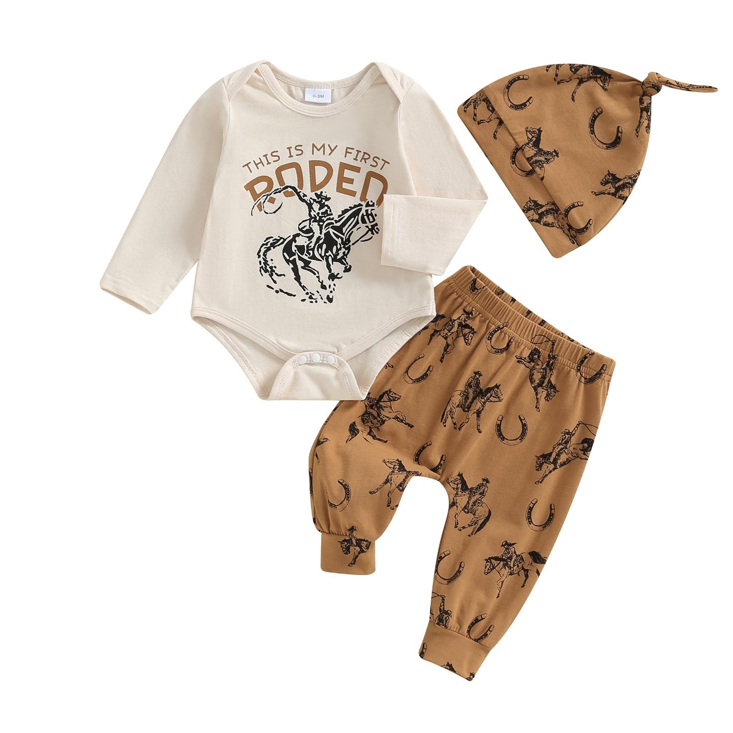 Madjtlqy | Little Dude Newborn Baby Boy Fall Clothes | Long Romper Bodysuit | Jogger/Pants Set 3Pcs | Infant Coming Home Outfit | Khaki cattle | 0-6 Months - # BAAA51210063
