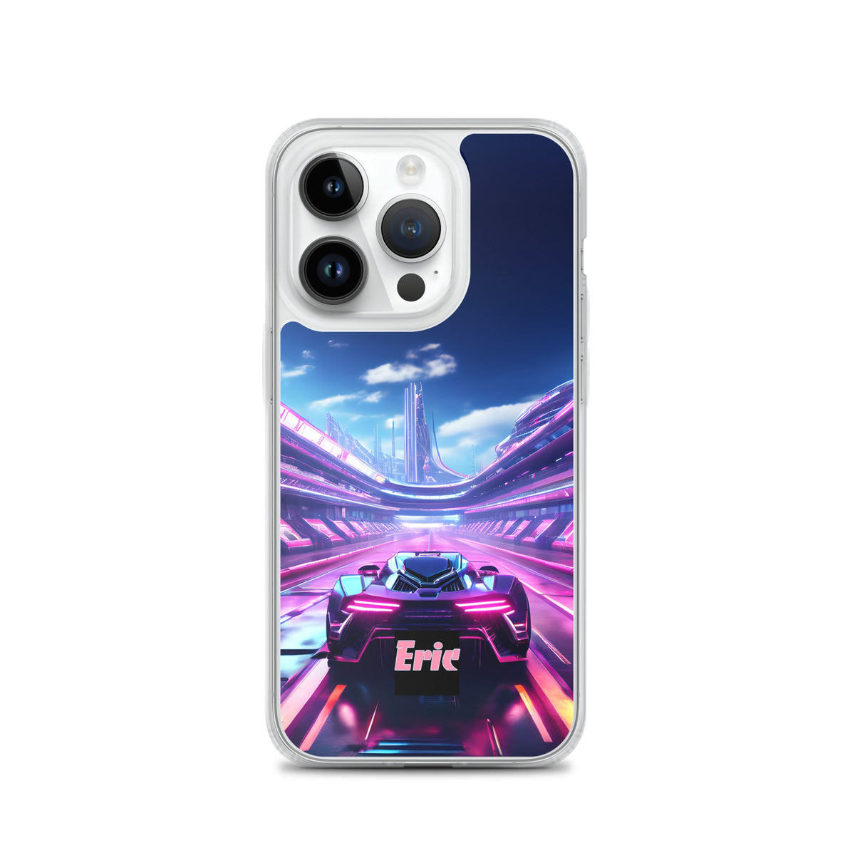 Neon Futuristic Race Car MagSafe® clear case for iPhone® with Optional Personalization