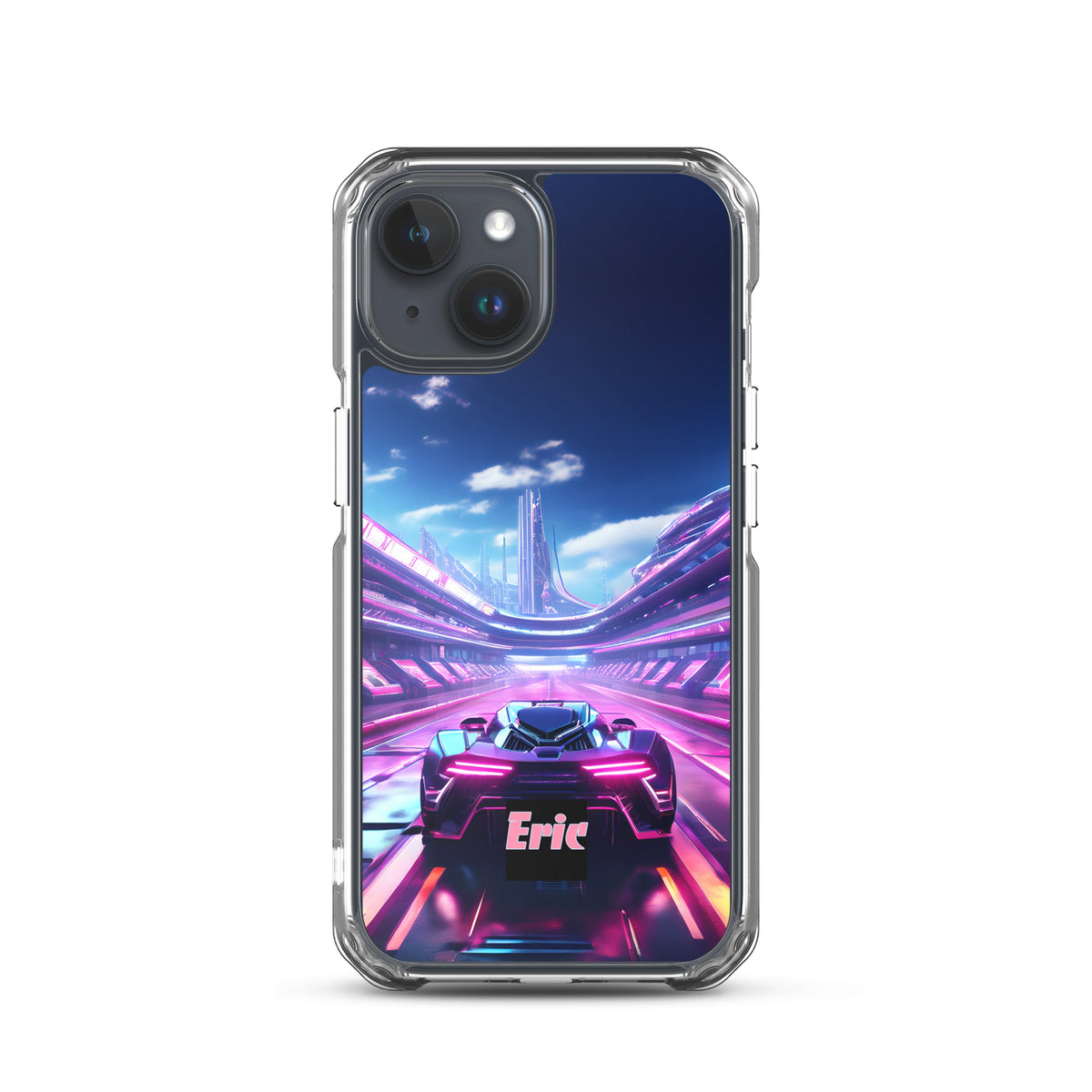 Neon Futuristic Race Car MagSafe® clear case for iPhone® with Optional Personalization
