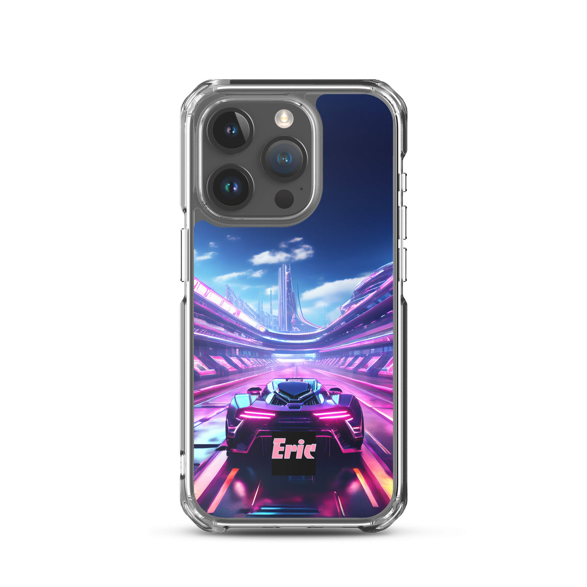 Neon Futuristic Race Car MagSafe® clear case for iPhone® with Optional Personalization