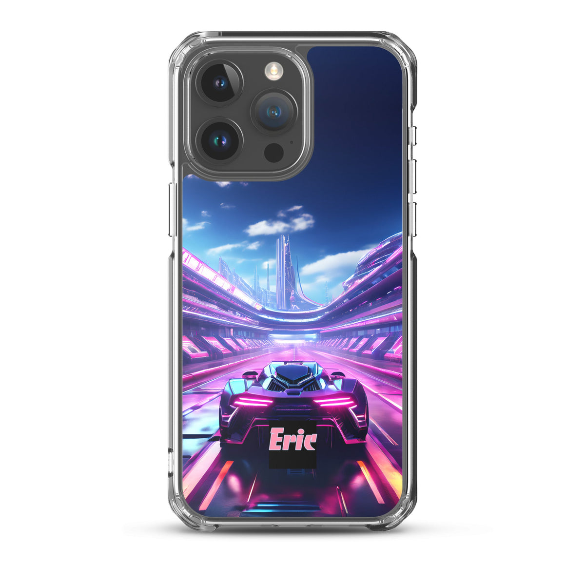 Neon Futuristic Race Car MagSafe® clear case for iPhone® with Optional Personalization
