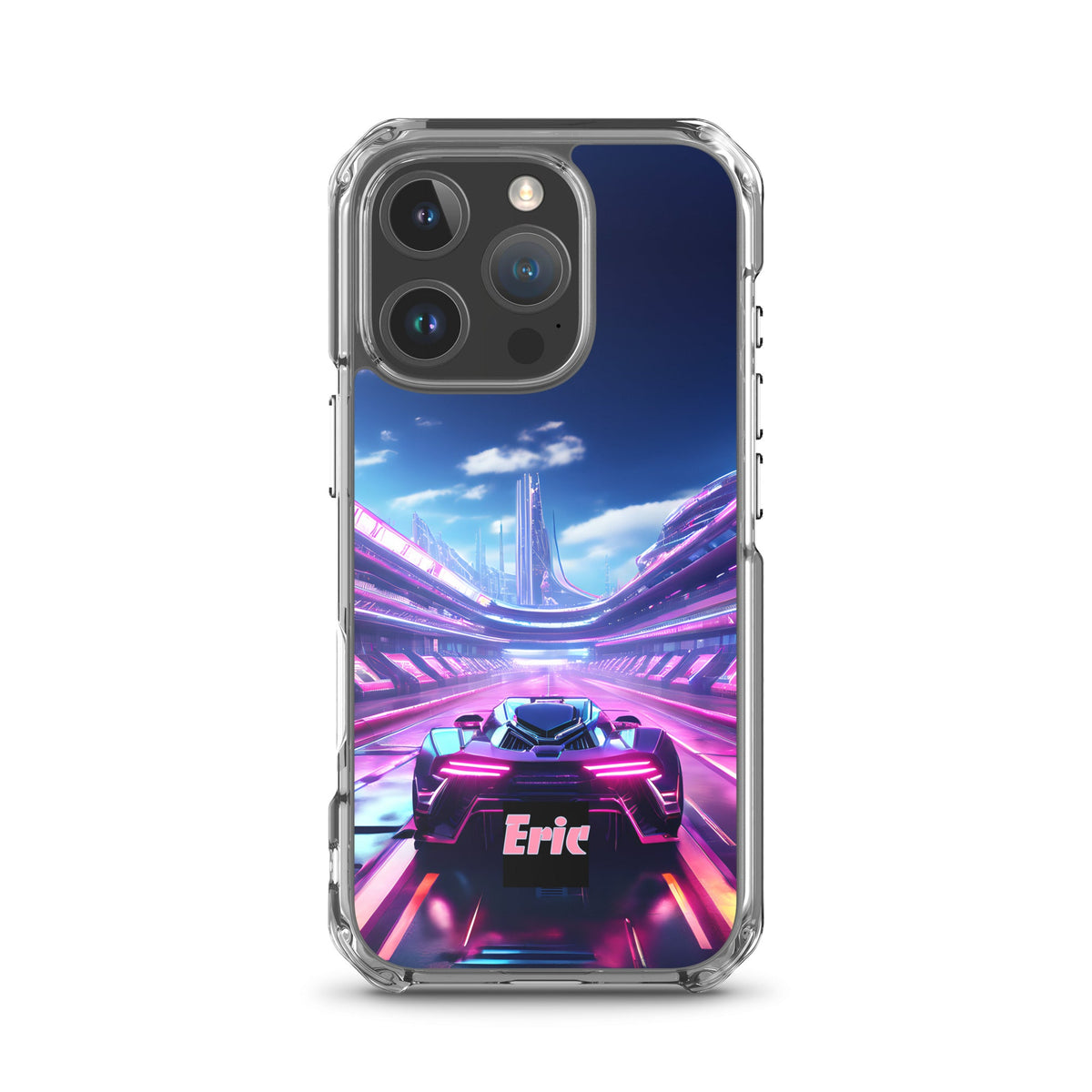 Neon Futuristic Race Car MagSafe® clear case for iPhone® with Optional Personalization
