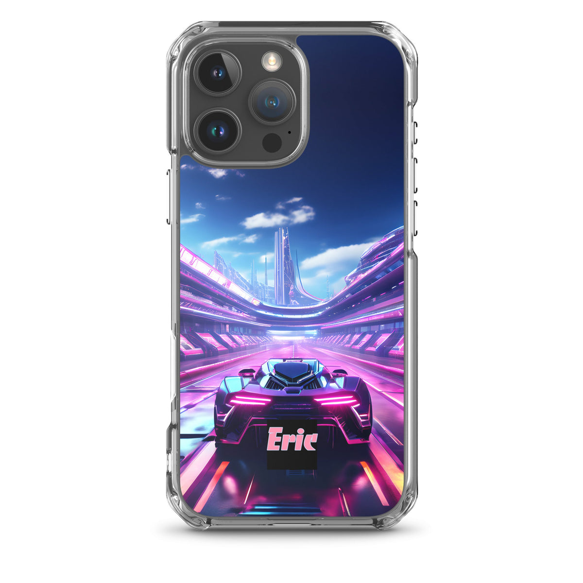 Neon Futuristic Race Car MagSafe® clear case for iPhone® with Optional Personalization