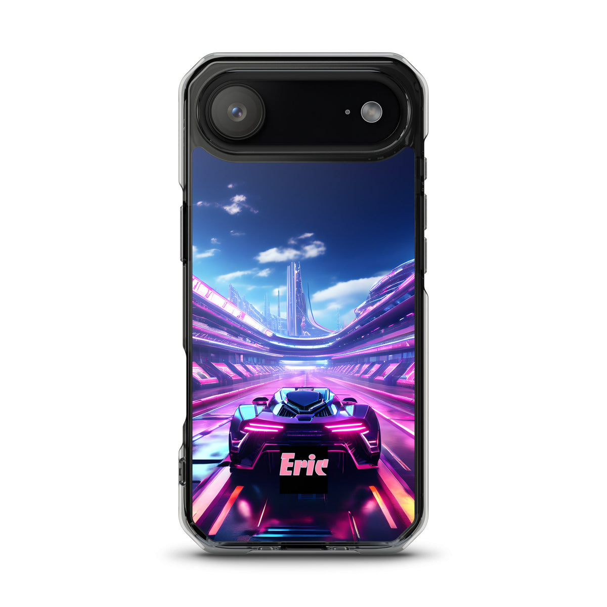 Neon Futuristic Race Car MagSafe® clear case for iPhone® with Optional Personalization