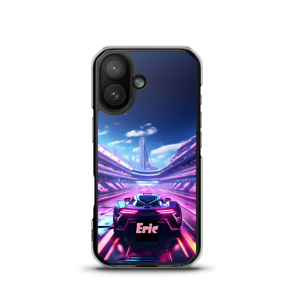 Neon Futuristic Race Car MagSafe® clear case for iPhone® with Optional Personalization