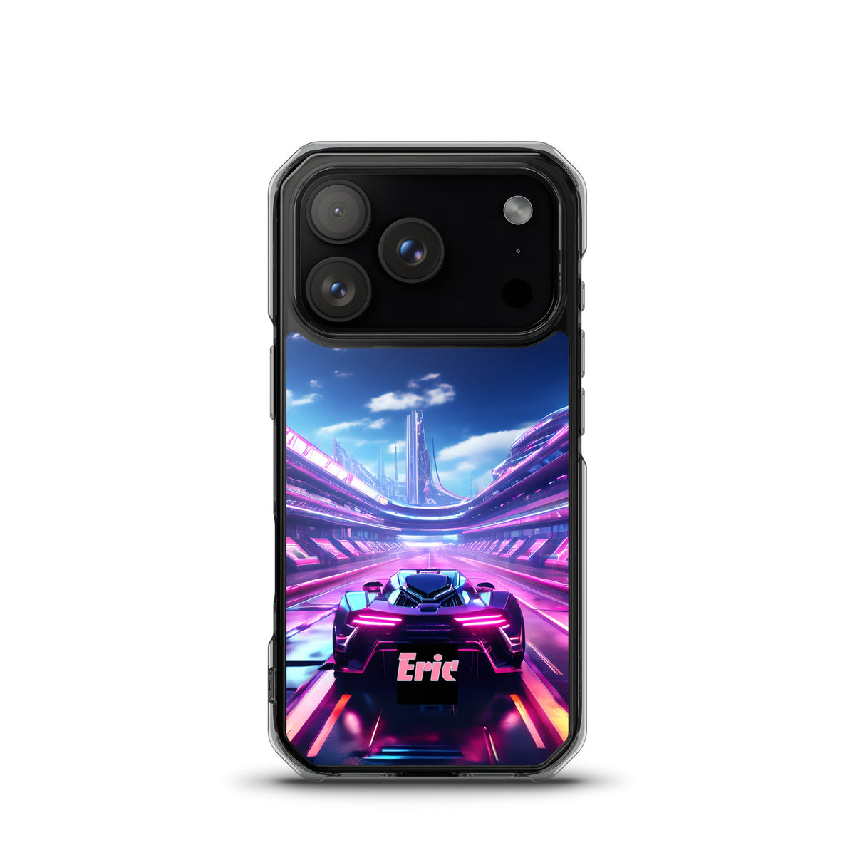 Neon Futuristic Race Car MagSafe® clear case for iPhone® with Optional Personalization