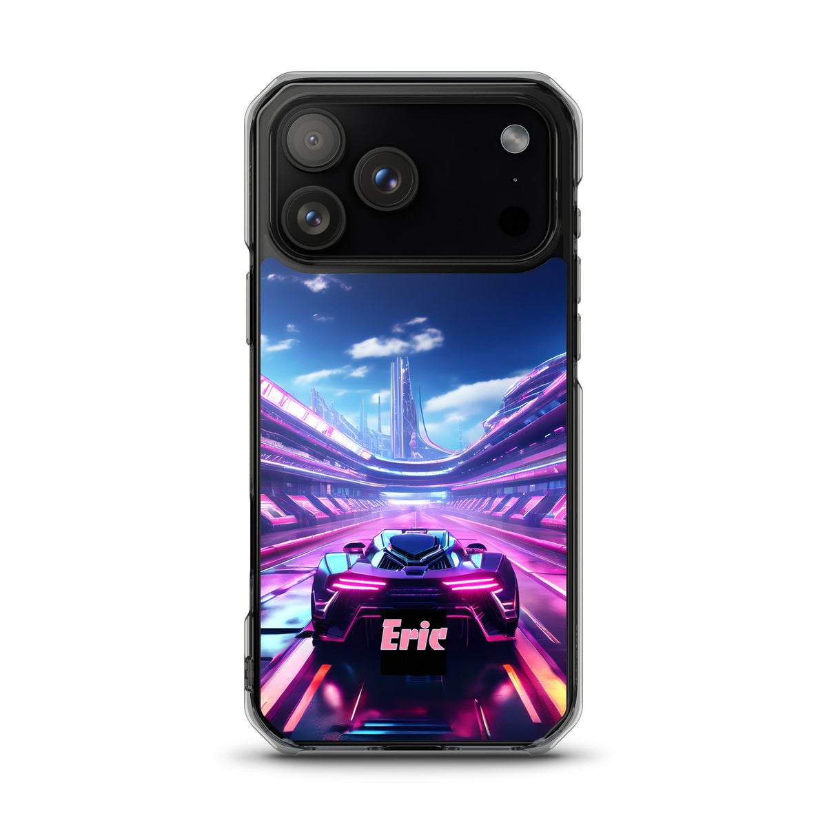 Neon Futuristic Race Car MagSafe® clear case for iPhone® with Optional Personalization