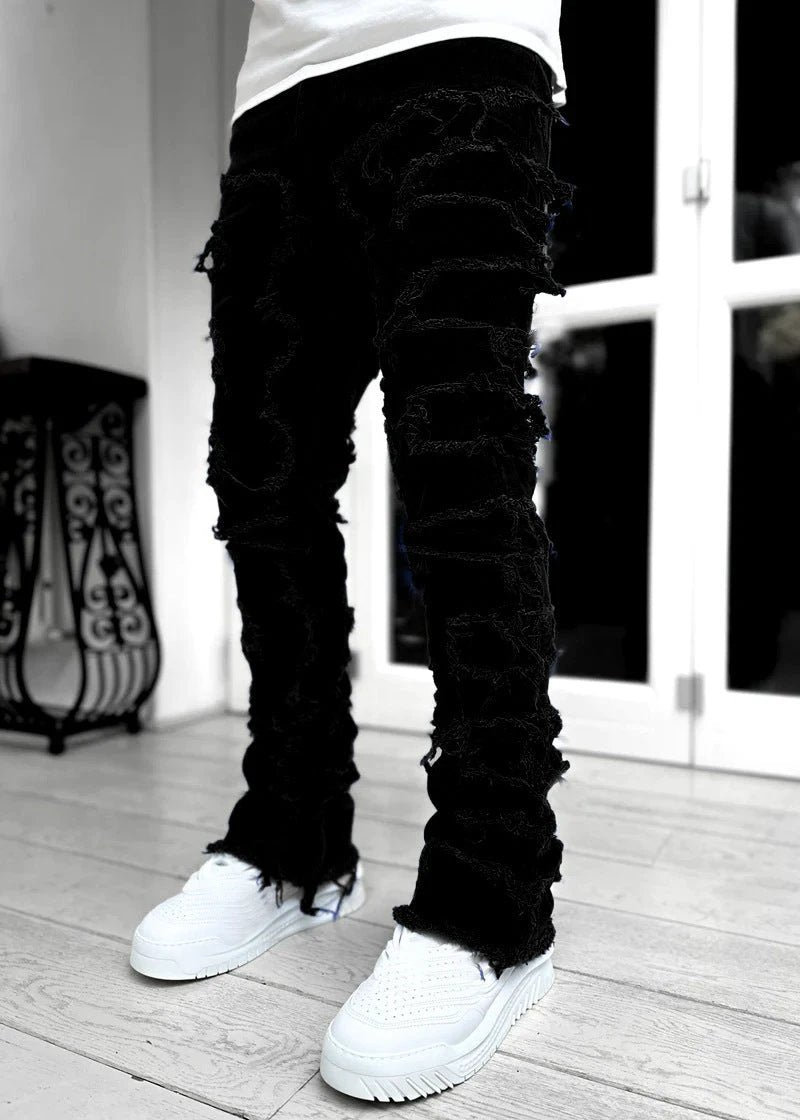 Men's Stacked Jeans - Individual Patched, Long Tight Fit Trousers for Bold Style