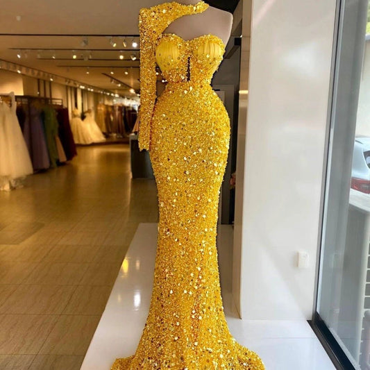 Sequined Pear Dress Embroidery Lace Asymmetric Single Sleeve Dress