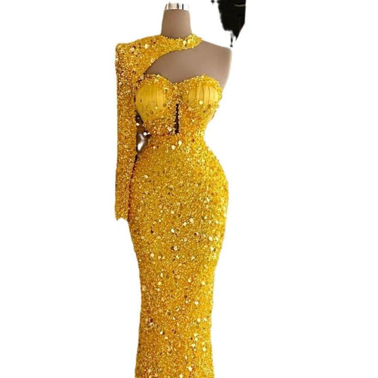 Sequined Pear Dress Embroidery Lace Asymmetric Single Sleeve Dress