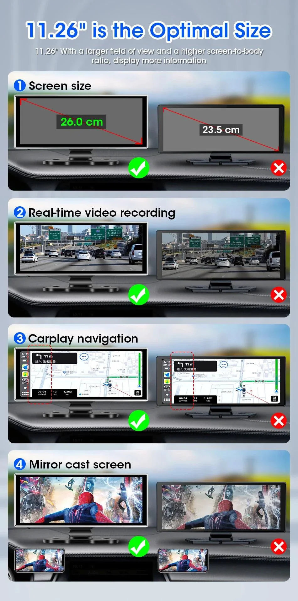 Best 11.26 inch Car DVR 4K Dash Cam Dual Lens Wireless