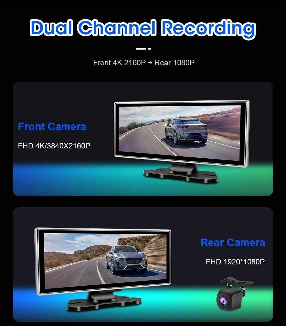 Best 11.26 inch Car DVR 4K Dash Cam Dual Lens Wireless
