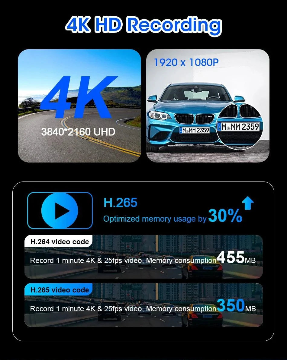 Best 11.26 inch Car DVR 4K Dash Cam Dual Lens Wireless