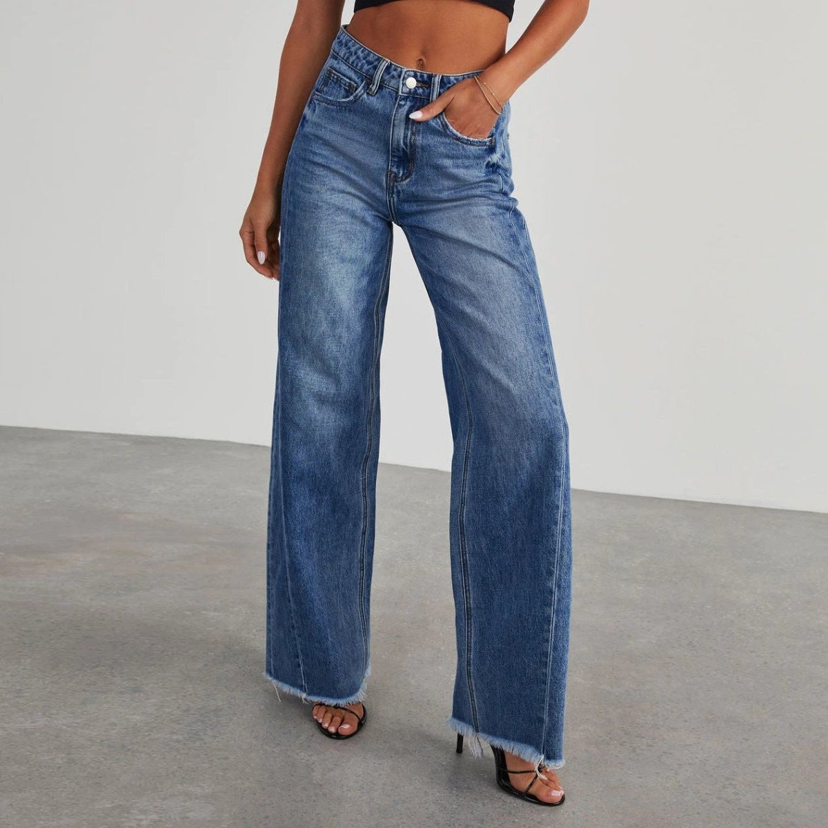 Mandotos Fashion High Waist Jeans With Pockets Slim Fit Straight Wide Leg Denim Pants
