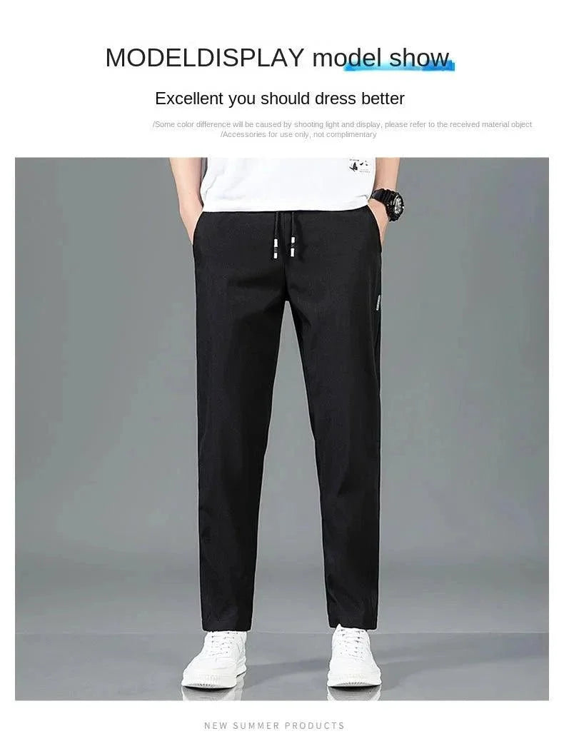 Ice Silk Men's Pants 2025 Summer New Black Gray Thin Business Casual Pants Outdoor Elastic Breathable Straight Leg Sweatpants