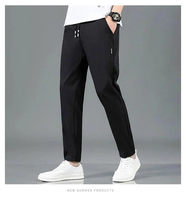 Ice Silk Men's Pants 2025 Summer New Black Gray Thin Business Casual Pants Outdoor Elastic Breathable Straight Leg Sweatpants