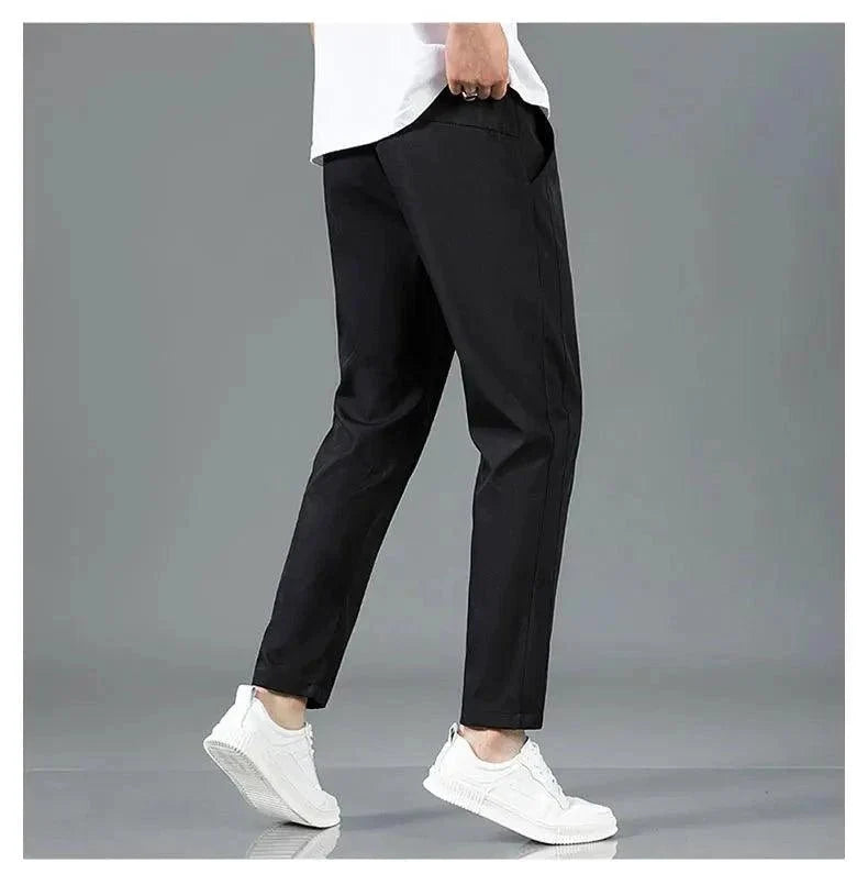 Ice Silk Men's Pants 2025 Summer New Black Gray Thin Business Casual Pants Outdoor Elastic Breathable Straight Leg Sweatpants