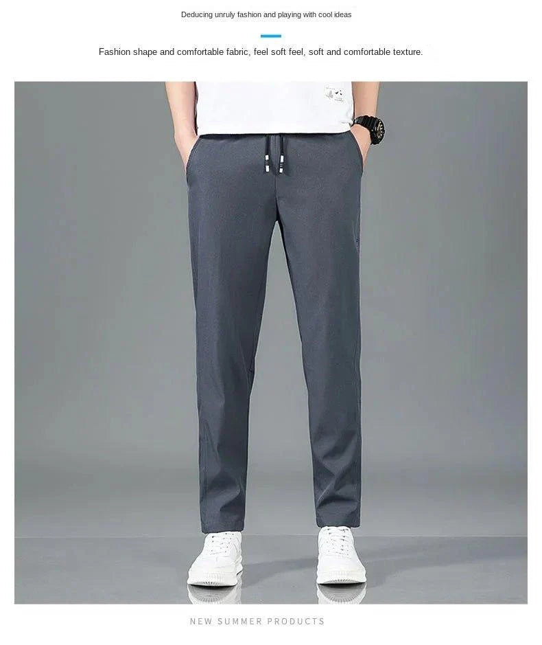 Ice Silk Men's Pants 2025 Summer New Black Gray Thin Business Casual Pants Outdoor Elastic Breathable Straight Leg Sweatpants