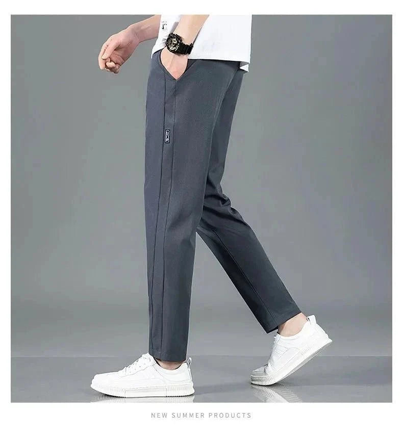 Ice Silk Men's Pants 2025 Summer New Black Gray Thin Business Casual Pants Outdoor Elastic Breathable Straight Leg Sweatpants