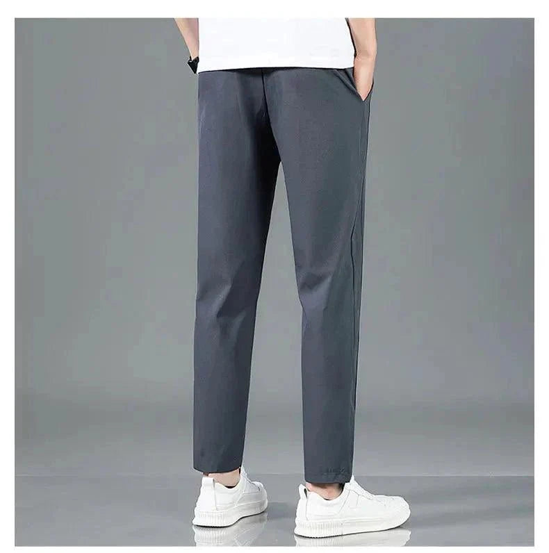 Ice Silk Men's Pants 2025 Summer New Black Gray Thin Business Casual Pants Outdoor Elastic Breathable Straight Leg Sweatpants