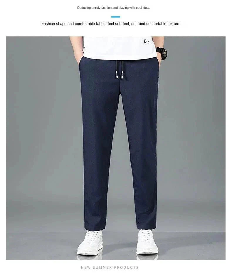 Ice Silk Men's Pants 2025 Summer New Black Gray Thin Business Casual Pants Outdoor Elastic Breathable Straight Leg Sweatpants