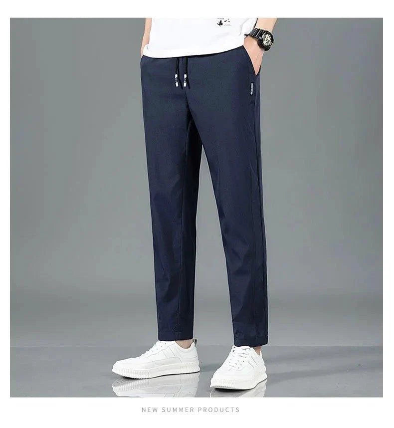 Ice Silk Men's Pants 2025 Summer New Black Gray Thin Business Casual Pants Outdoor Elastic Breathable Straight Leg Sweatpants