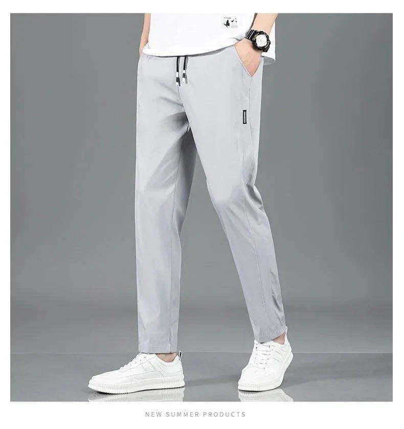 Ice Silk Men's Pants 2025 Summer New Black Gray Thin Business Casual Pants Outdoor Elastic Breathable Straight Leg Sweatpants