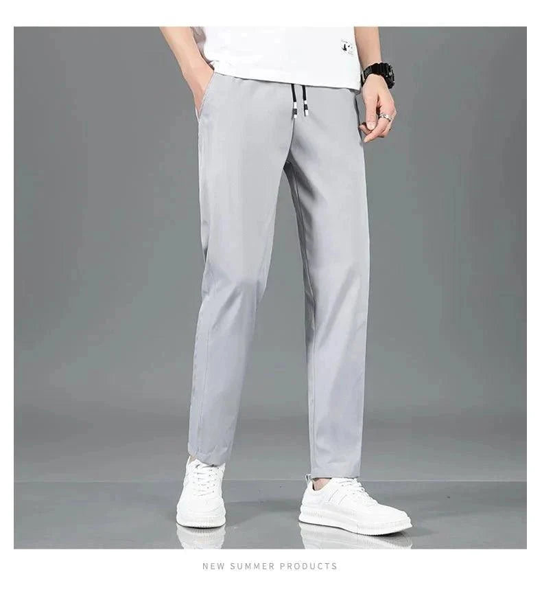 Ice Silk Men's Pants 2025 Summer New Black Gray Thin Business Casual Pants Outdoor Elastic Breathable Straight Leg Sweatpants