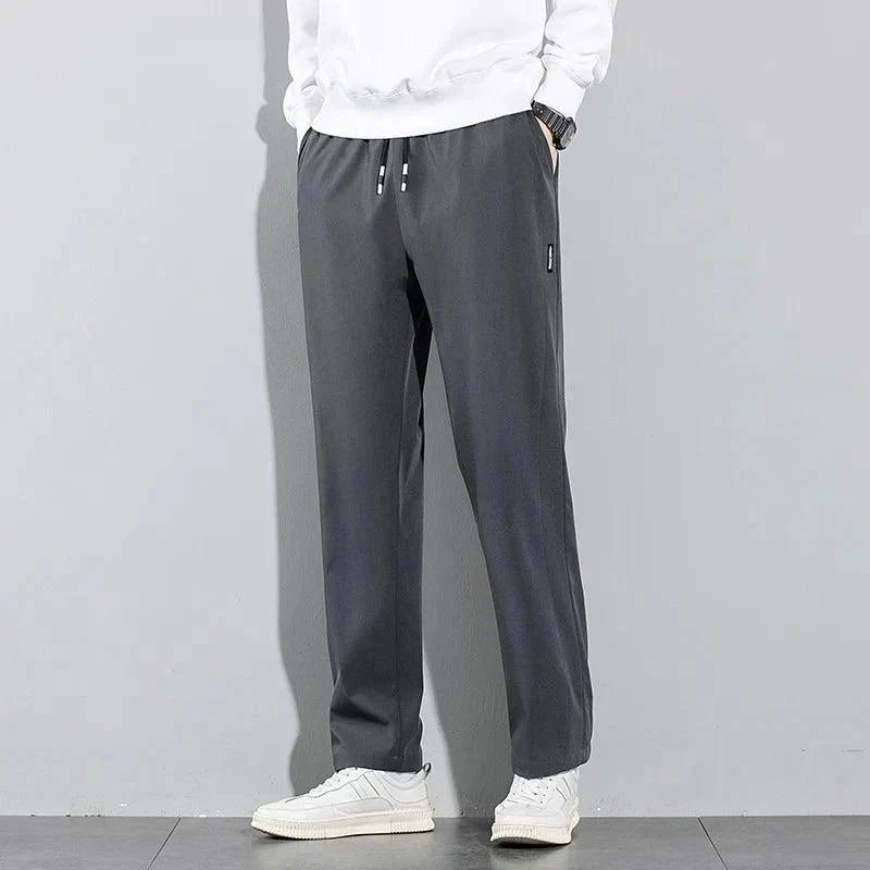 Ice Silk Men's Pants 2025 Summer New Black Gray Thin Business Casual Pants Outdoor Elastic Breathable Straight Leg Sweatpants