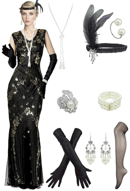 1920s Gatsby Sequin Gala Dress with Accessories