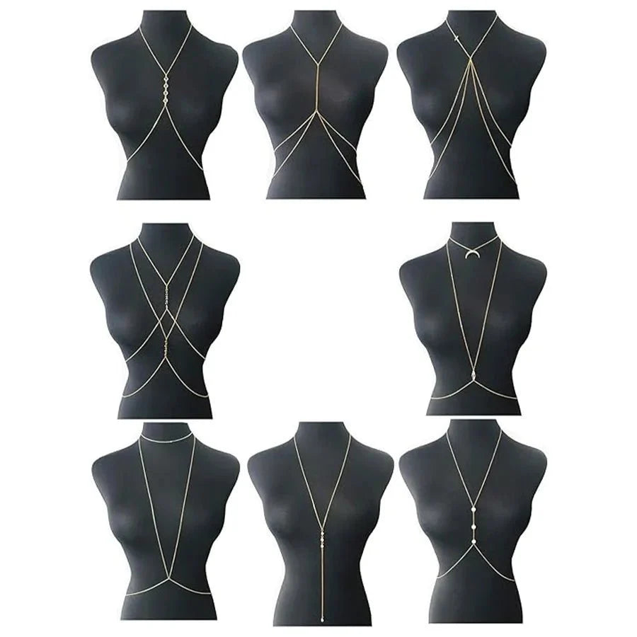 8Pcs Sexy Body Chain Belly Waist Chain Necklace Summer Beach Bikini Bra Body Jewelry for Women Gold Tone