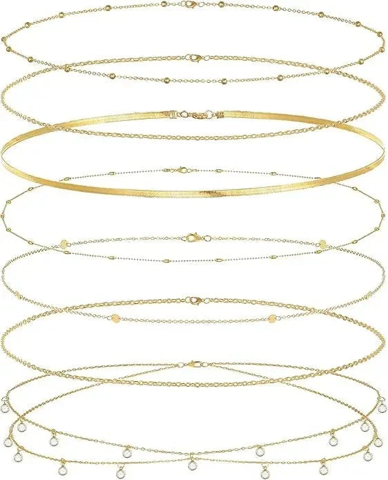 8Pcs Waist Chain 18K Gold Plated Belly Belt Chains Sexy Bikini Beaded Sequin CZ Coin Body Chain Jewelry Accessories Adjustable
