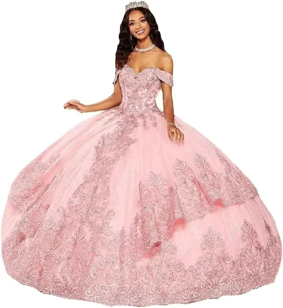 Elegant Tulle Off-Shoulder Beaded Quinceanera Ball Gown