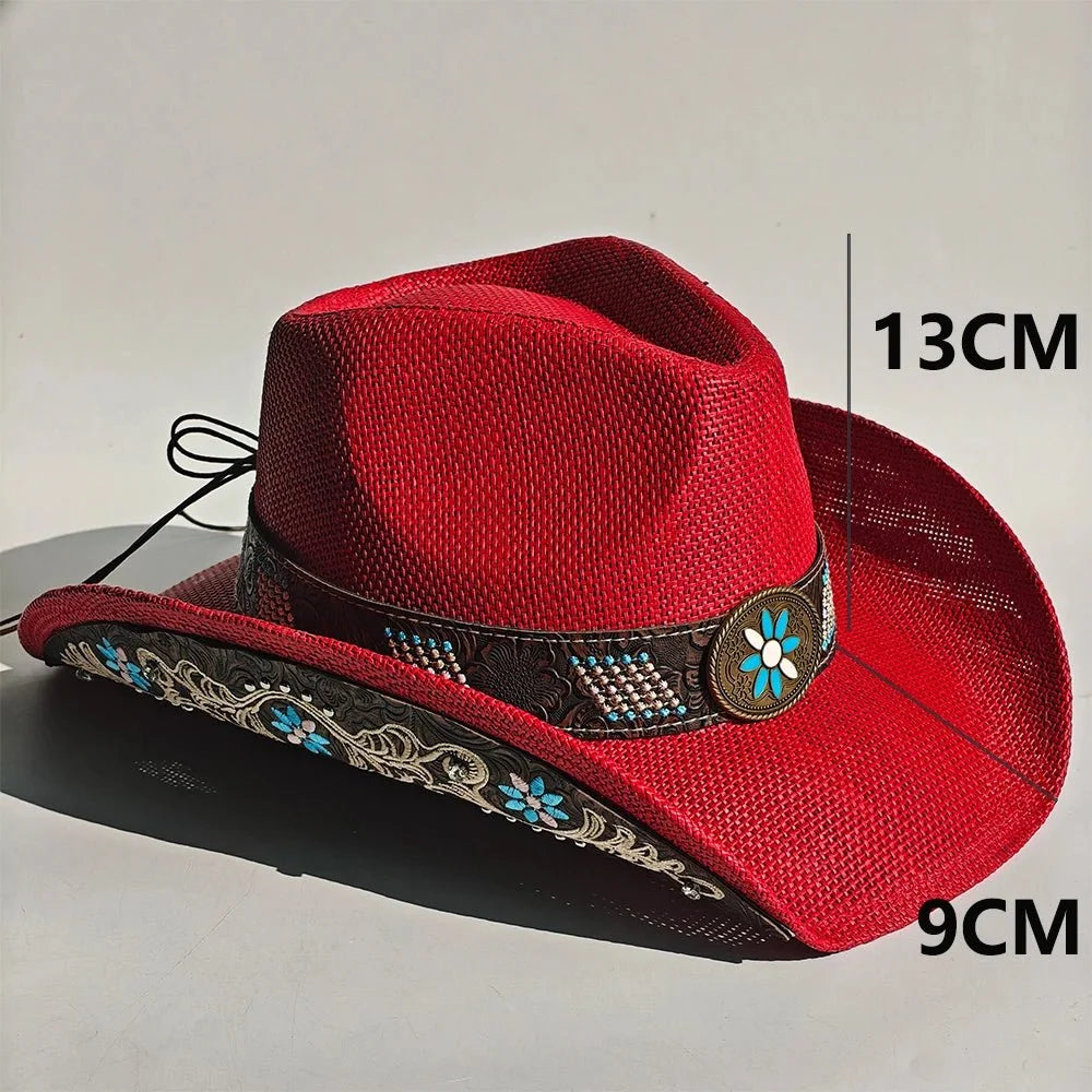 Embroidered Straw Cowboy Hat - Western Sun Hat for Women Men - Country Rodeo Cowgirl
