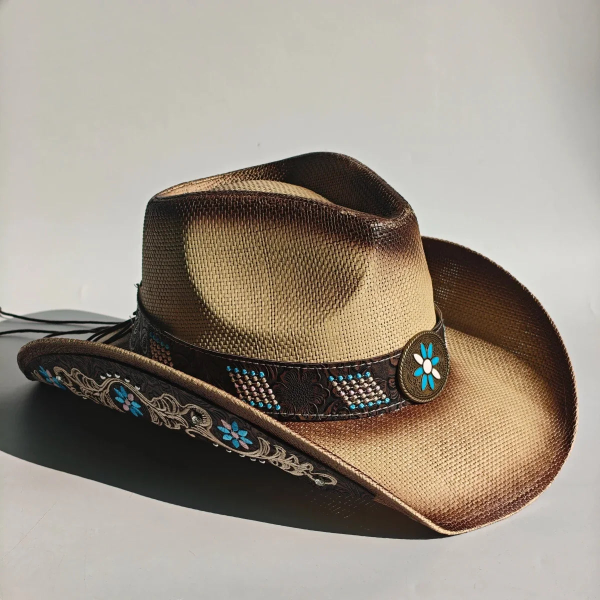 Embroidered Straw Cowboy Hat - Western Sun Hat for Women Men - Country Rodeo Cowgirl