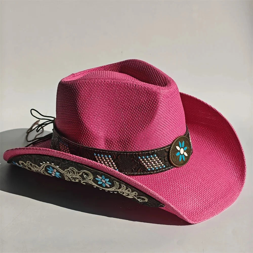 Embroidered Straw Cowboy Hat - Western Sun Hat for Women Men - Country Rodeo Cowgirl