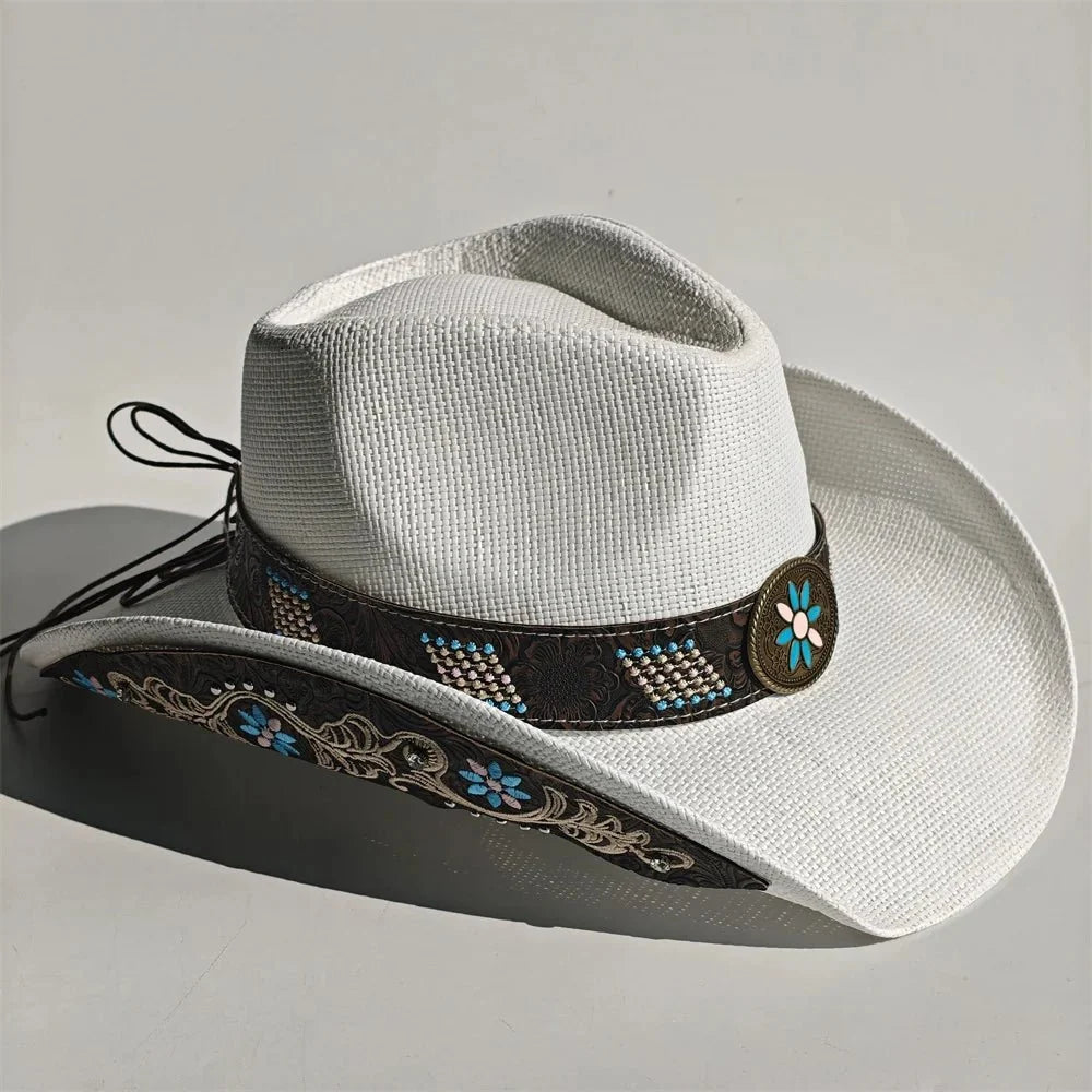 Embroidered Straw Cowboy Hat - Western Sun Hat for Women Men - Country Rodeo Cowgirl