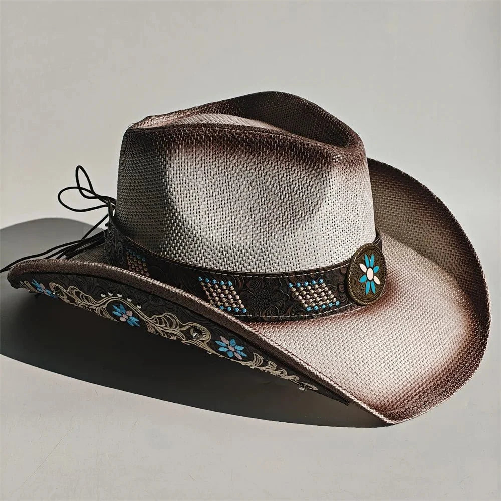 Embroidered Straw Cowboy Hat - Western Sun Hat for Women Men - Country Rodeo Cowgirl