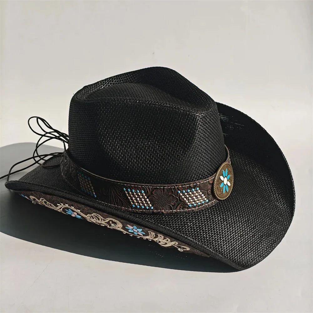 Embroidered Straw Cowboy Hat - Western Sun Hat for Women Men - Country Rodeo Cowgirl